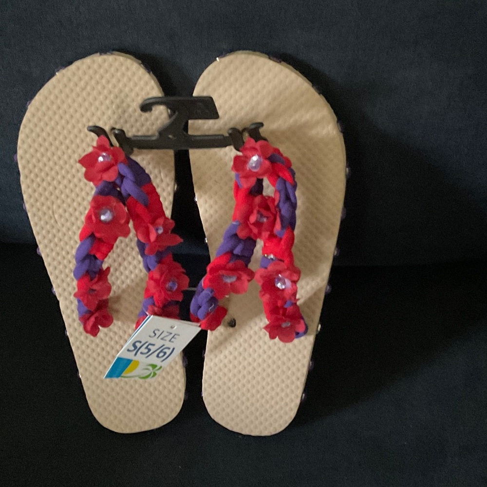 Floral Flip Flops with Red and Purple Accents